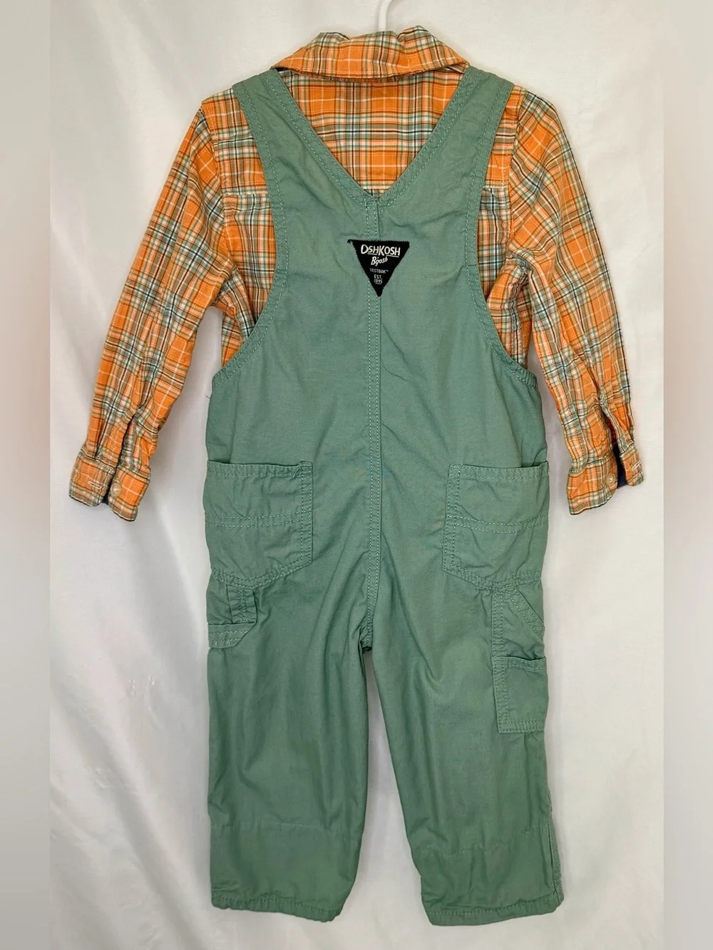OshKosh B'gosh Green Overalls with Orange Plaid Shirt New Never Worn